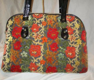 Huge 1960 Chenille Brocade Carpet Bag Floral Purse Tapestry Satchel 16x12 Exlnt