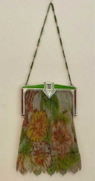 Vintage Whiting & Davis Chain Mesh Mail Purse With Enameled Frame