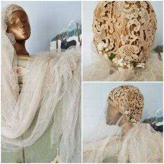 1920s Bridal Veil Lace Cloche Cap Wax Flower Millinery Tulle Wedding Vtg Cutter