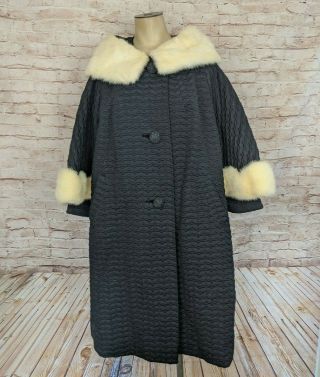 Vintage Sears Fashion Ilgwu Long Swing Coat Mink Fur Collar Cuffs Black White