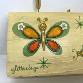 60 ' s Vintage Enid COLLINS of TEXAS Wooden Purse BUTTERFLY GLITTERBUGS W/ Mirror 2