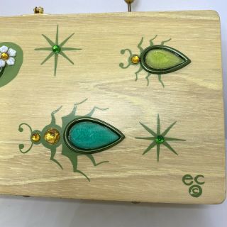 60 ' s Vintage Enid COLLINS of TEXAS Wooden Purse BUTTERFLY GLITTERBUGS W/ Mirror 3