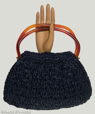 Vintage Morris Moskowitz Handbag/purse Navy Straw With Amber Lucite Handles