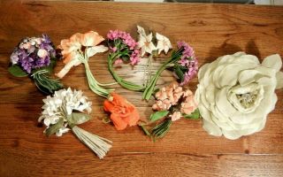 9 Vintage Millinery Flower Corsages Silk Velvet Linen For Hats & Bouquets