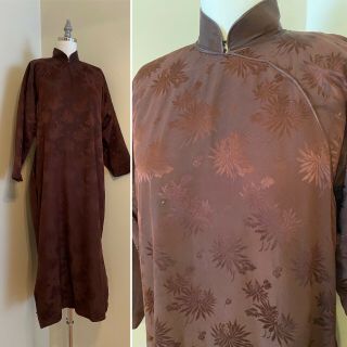 Vtg 40s Brown Quilted Silk Jaquard Chinese Cheongsam Qipao Dress Peonies Lg
