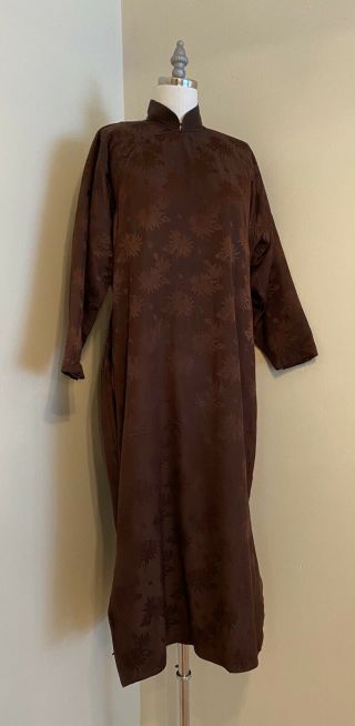 VTG 40s Brown Quilted Silk Jaquard Chinese Cheongsam Qipao Dress Peonies Lg 2
