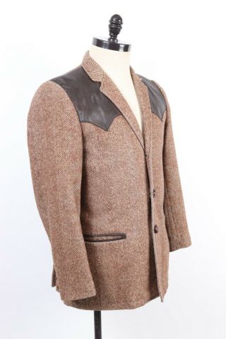 Vintage 60s Lasso Herring Bone Twill Wool Leather Western Blazer Jacket Size 40