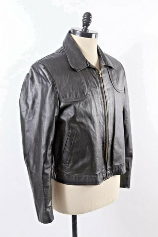 Vtg 70s Sears Black Leather Bomber Coat Jacket Mens Size 44 Reg