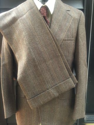 Men’s 70’s 3 Pc Suit 40l Brown Wool Herringbone Tweed Bells Cuffed Harridge Row