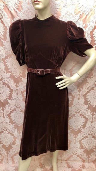 Vtg 1930s Luxe Brown Silk Velvet Puff Ruched Sleeve Dress Sz - Xxs Buy - Now