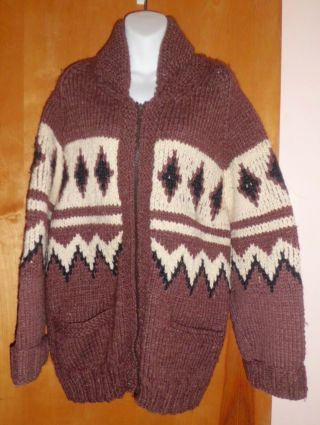Vintage 1970s Hand Knit Mens Xl Cardigan Cowichan Native American Indian Pattern