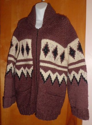 Vintage 1970s Hand Knit Mens XL Cardigan Cowichan Native American Indian Pattern 2