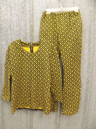 One Of A Kind Vtg 60s 70s Groovy Yellow & Black Knit Top & Pants Set Sz S Hippy