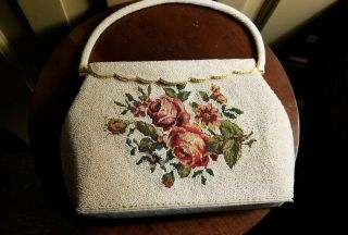 Vintage Seed Bead Beaded And Floral Petit Point Tapestry Purse Handbag
