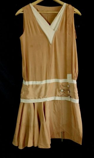 Vintage 1920s Tan Silk Bead Chain Drop Waist Flapper Dress 2