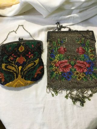 Pair (2) Two Large Antique 1850 ' s Beaded Bags For Restoration Or Parts 2