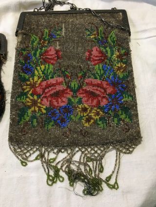 Pair (2) Two Large Antique 1850 ' s Beaded Bags For Restoration Or Parts 3
