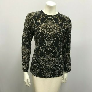Vintage Gianni Versace 100 Silk Blouse Top Baroque Design Black Beige Size 42