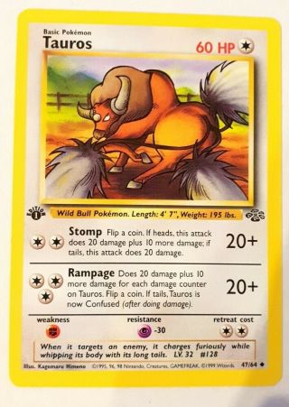 1st Edition Tauros 47/64 - Jungle Set (pokemon Trading Card Game)