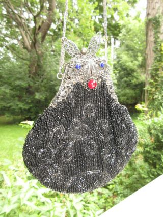 Antique Black Beaded Evening Bag Purse With Butterfly Clasp - Silver Filagree