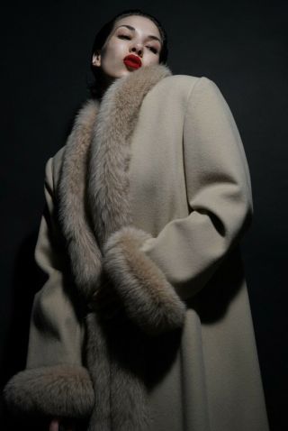 Vintage Designer Full Length Wool & Fox Fur Coat Jacket Bolero Stole Cape Medium