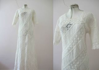 Vintage 70s White Cotton Lace Boho Maxi Dress Small Postage For 3,  Items