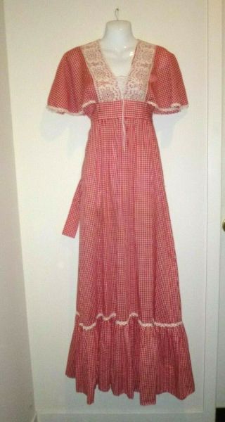 Vtg 60s 70s Boho Prairie Style Red Gingham & Lace Maxi Dress Sz 13 Union Label