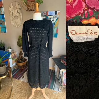 80s Vintage Women’s Oscar De La Renta Black Crocheted Sweater Dress Boho Prairie