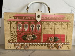 Vintage Enid Collins Pink Jeweled Trolly Cable Car Wooden Box Purse Handbag
