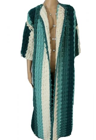Vintage 70s Hand - Knit - Crochet Afghan Scallop Lattice Boho Hippie Dress Coat L - Xl