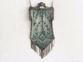 Antique Art Deco Flapper Mandalian Enamel Mesh Purse Handbag Guilloche Detail