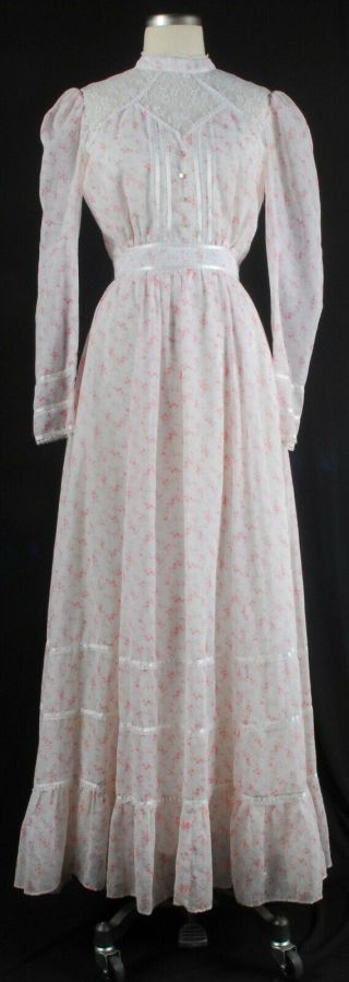 Vintage 80s Gunne Sax Style Pink Floral Calico Dress Gown W/satin Candi Jones