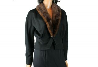 Mink Collar Bolero Jacket S Vintage 50s Black Wool Brown Fur Short Blazer Coat