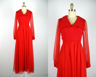 Vintage 1970s Red Chiffon Dress 70s Bright Red Chiffon Gown By Jr Theme Size S