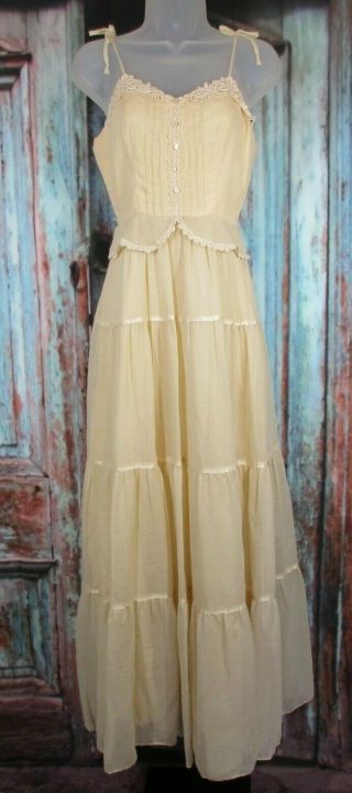 Vtg 70s Xs/s Gunne Sax Style Peasant Prairie Hippie Boho Maxi Wedding Dress