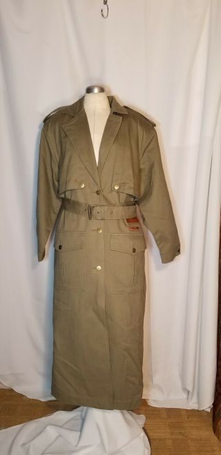 Together Women Sz 8 Green Khaki Leather Trim Cotton Duster Trench Long Coat Nwot