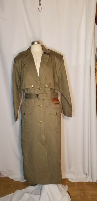 Together Women Sz 8 Green Khaki Leather Trim Cotton Duster Trench Long Coat NWOT 2