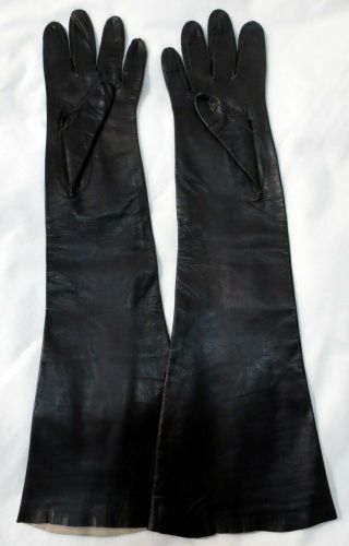 Size 7 1/2,  18 3/4 Inch Vintage Black Long Kidskin Leather Opera Gloves