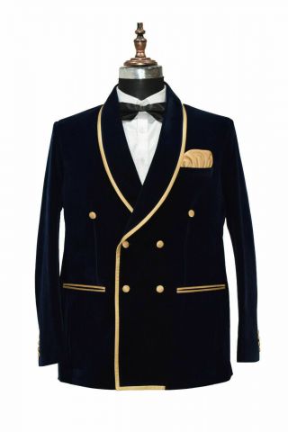 Men Blue Smoking Jackets Double - Breasted Velvet Blazer Shawl Lapel Coat Custom
