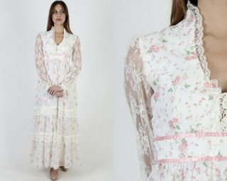 Vtg 70s Pink Roses Dress Floral Sheer Lace Corset Country Prairie Wedding Maxi