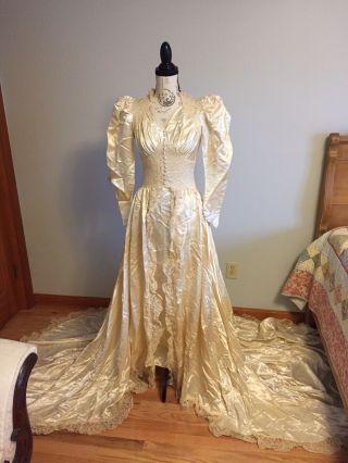 Vintage Ivory Satin Champagne Wedding Gown Dress Sz Xs Long Train Sleeves Lace