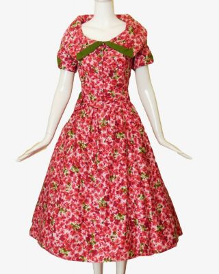 1950s Multi Color Floral Cotton Print Dress,  Size - 8