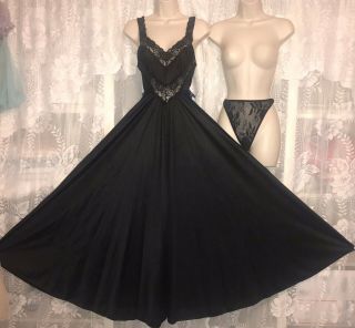 Vtg Black Ucw Full S M Nylon Chevron Lace Nightgown Negligee Gown,  Olga Panties