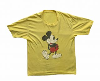 Vtg 70s Mickey Mouse Disney Productions T - Shirt 50 50 Yellow Thin Mens Sz L
