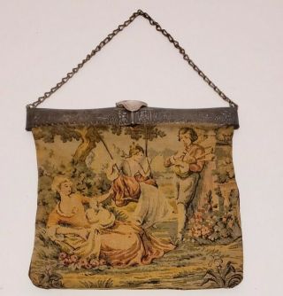 Antique Vintage Tapestry Purse Handbag Dutch Silverplate Frame Metal Chain