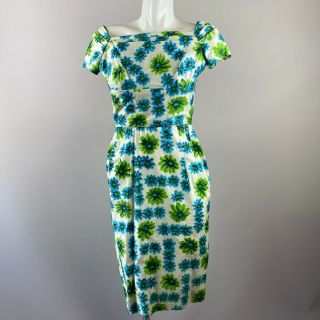 Vtg 50s 60s Blue Green Floral Wiggle Dress Shelf Bust Xs Small Pinup Womens