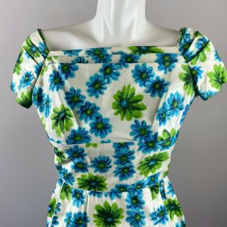 Vtg 50s 60s Blue Green Floral Wiggle Dress Shelf Bust XS Small Pinup Womens 2