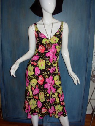 Vtg 90s Betsey Johnson Silk Tulip Floral Print Grunge Retro 30s Bias Slip Dress