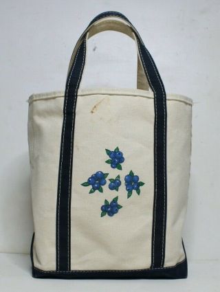 Vintage LL Bean Boat and Tote Canvas Bag Berry Print.  USA - Beige / Navy - Sz.  L 3