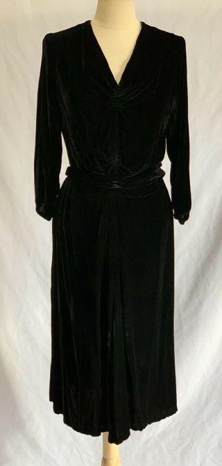 Vintage 1930’s Black Velvet Dress With Ruched Bodice & Belt
